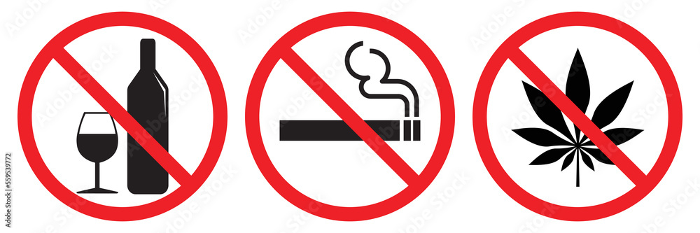 Set of prohibited signs isolated on white symbol background. no alcohol, no smoking, no drugs.vector icon illustration. Set of prohibited signs isolated on white symbol background. no alcohol, no smoking, no drugs.vector icon illustration.