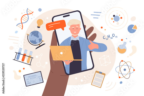 Online classes or courses, tutorials mobile app vector illustration. Cartoon hand of learning student holding phone with teacher or professor on screen, man holding laptop and showing thumbs up