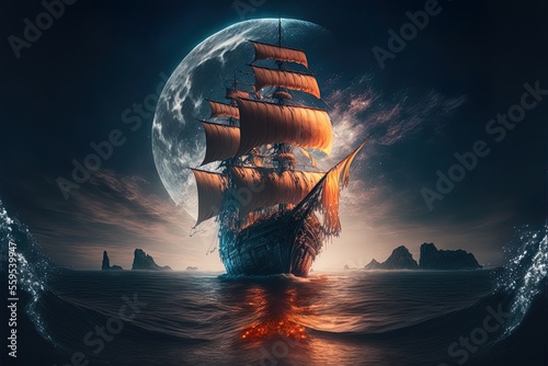 An old ship with large sail...