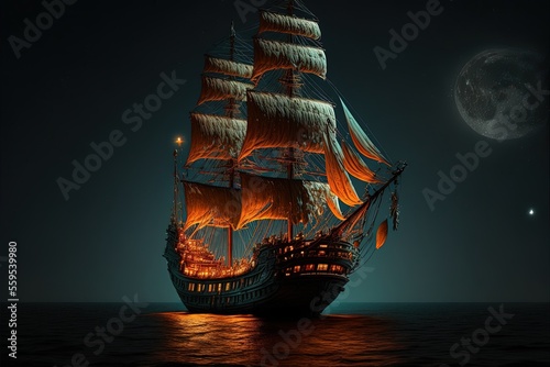 An old ship with large sail...