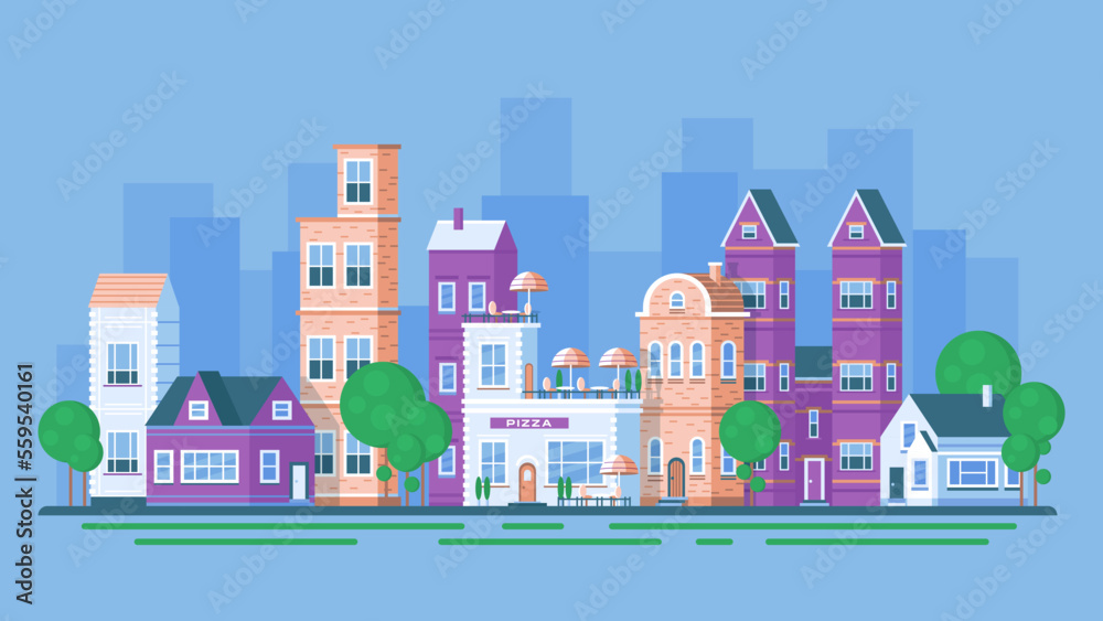 City landscape vector illustration. Cartoon cityscape with many buildings on street of town and trees on sidewalk, storefront of cafe, condominium with home apartment, skyline with office skyscrapers