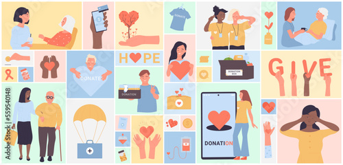 Cartoon young nurses hug senior patients, support and assistance for smiling old person in square collage background. Voluntary, charity concept. Volunteers help elder people set vector illustration