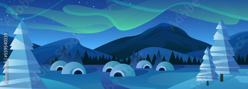 Winter landscape with mountains and Northern Lights vector illustration. Cartoon snowy scene with cute igloo cabins, pine trees and aurora in dark sky, simple nature scenery of North at night