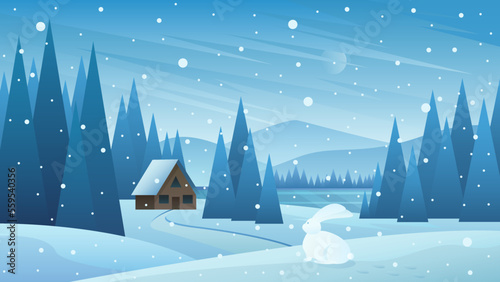 Winter snowy landscape with snowfall vector illustration. Cartoon snowflakes falling on cold scene with village house in snowy forest, road among fields in snowdrifts, white rabbit sitting on hill