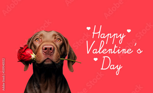 Happy Valentine's Day, Adorable chocolate labrador with a red rose in its mouth, on red background