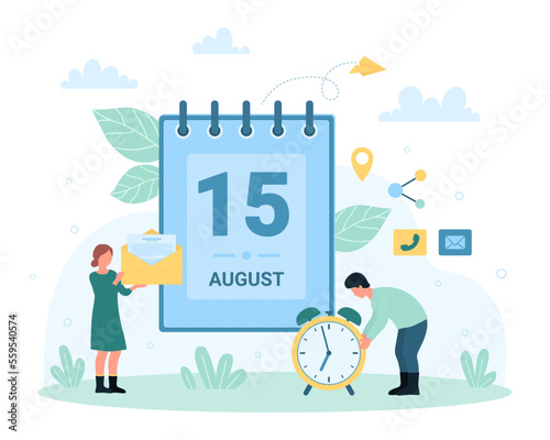 Calendar app for time planning vector illustration. Cartoon tiny people plan events of week or month with spiral paper calendar with number of date on page, characters holding clock and envelope