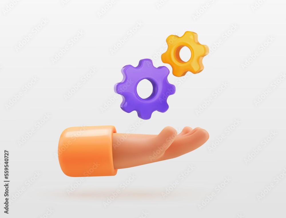 3d cartoon hand holding cogwheels isolated vector illustration. Customer support three dimensional icon. Technical support engineering concept. Online internet consultation 