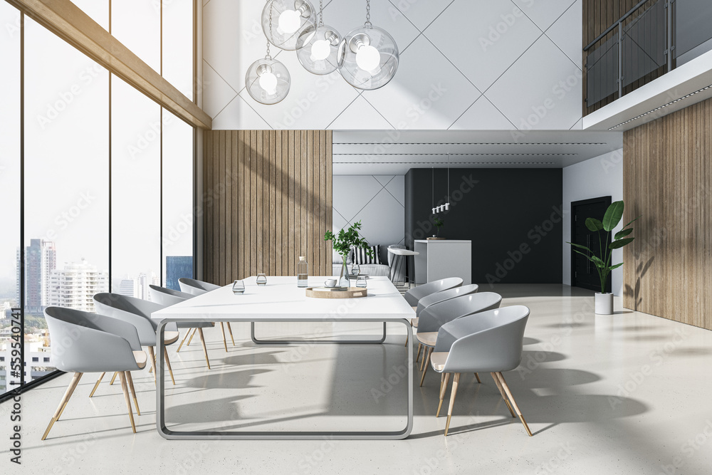 Huge light meeting table surrounded by chairs on light floor in sunlit spacious conference hall with stylish lamps, wooden walls background and city skyline view from panoramic window. 3D rendering Huge light meeting table surrounded by chairs on light floor in sunlit spacious conference hall with stylish lamps, wooden walls background and city skyline view from panoramic window. 3D rendering