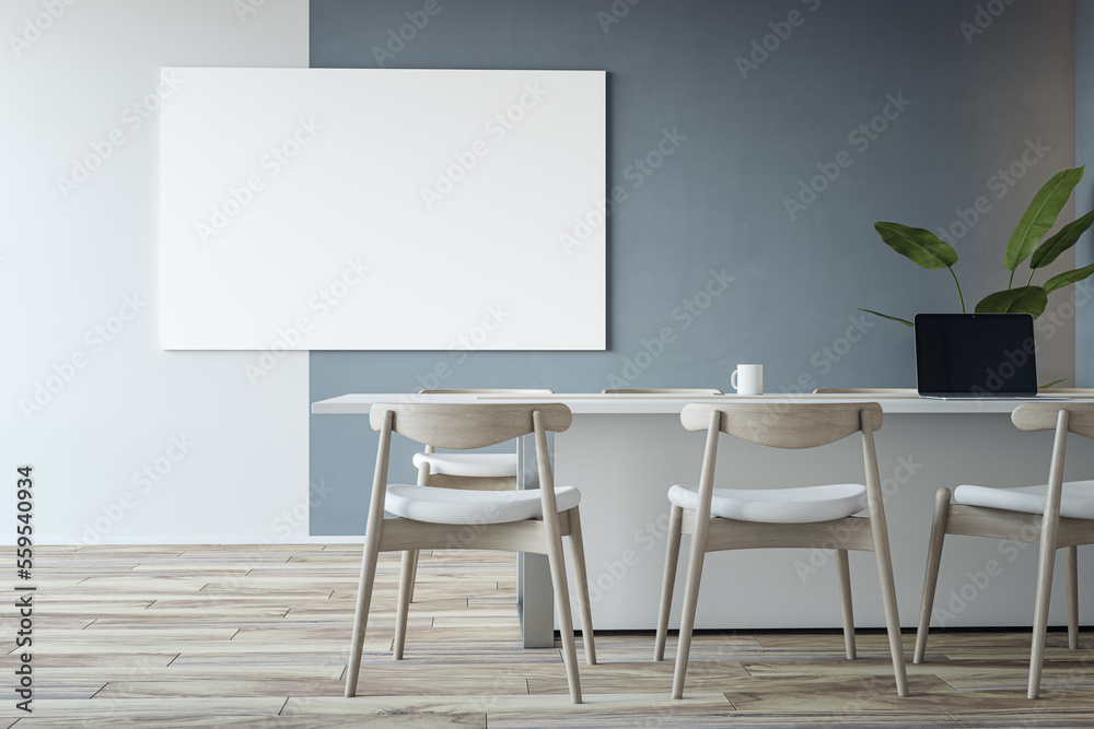 Front view on blank white poster with place for your logo or text on bicolor wall background in eco interior design meeting room with light furniture on wooden floor. 3D rendering, mock up