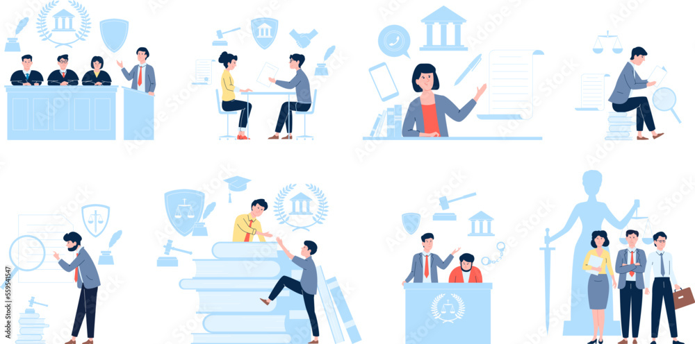 Lawyers characters in court, lawyer and legal departments. Law support, office justice and contract with advocate. Trial judge recent vector set Lawyers characters in court, lawyer and legal departments. Law support, office justice and contract with advocate. Trial judge recent vector set