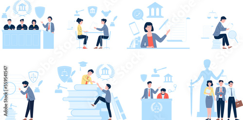 Lawyers characters in court, lawyer and legal departments. Law support, office justice and contract with advocate. Trial judge recent vector set