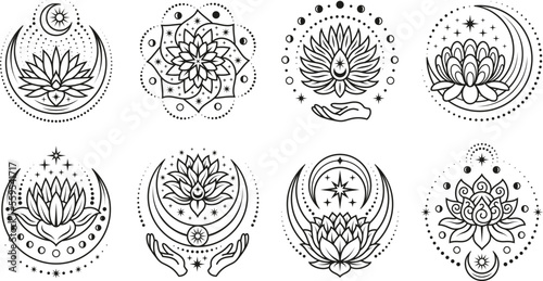 Mystic lotus elements. Spirit flower line tattoo template. Boho style symbols, india henna yoga design. Celestial magic tidy vector graphic art