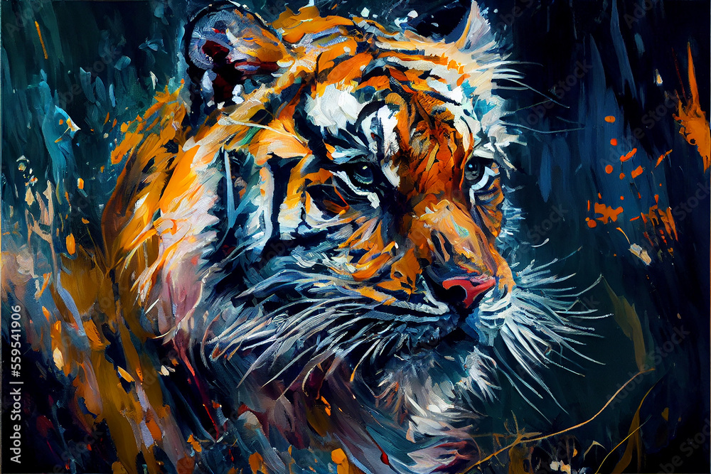 Oil painting of a tiger done with a palette knife ai art