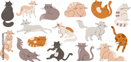 Doodle flat cats, funny fur cat and kittens. Cute pets isolated characters. Cartoon animals sleep, play, sitting. Racy fluffy animals vector kit © LadadikArt
