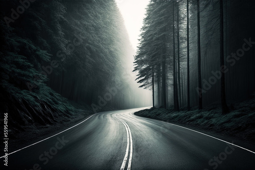 Asphalt road in a foggy forest. Gloomy forest landscape. Fog, smog, smoke. AI © MiaStendal