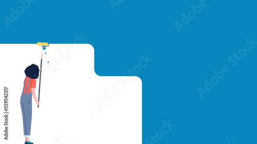 Paint wall, house renovation banner. Painter painting white space blue color. Worker with brush or roller, repair work vector concept