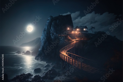 Night mountain landscape with a bridge on a high mountain, big moon, neon light, mountains, ocean coast, night view. AI