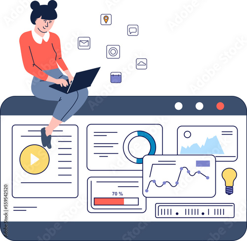 Young geek girl work at laptop, develop app for smartphone. Freelance digital ui ux designer or programmer, vector female character