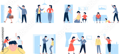 Family conflict and break. Abuse parenting, angry people couples. Sad child quarrel and divorce parents. Violence relationships recent vector scenes