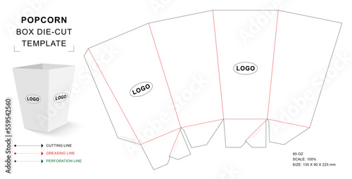 Popcorn box die cut template with 3D blank vector mockup for 85 ounce