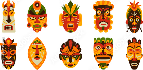 Tribal african masks, ethnic ritual tribe mask wood. Colourful tiki traditional symbols. Carnival totem art graphic, classy vector aboriginal elements
