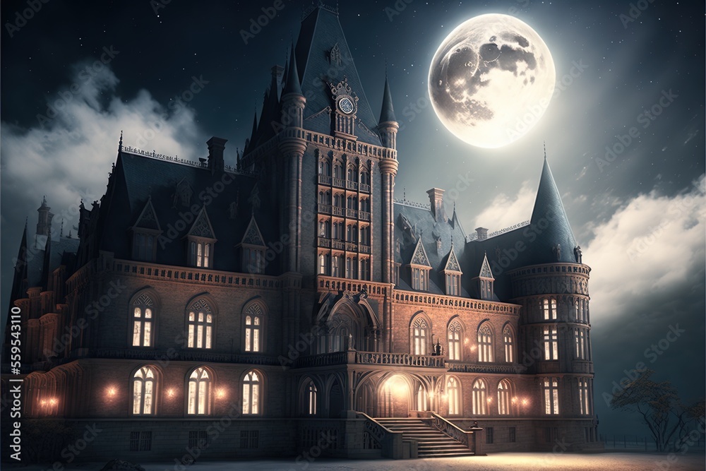Ancient castle, night landscape with a big moon, ancient architecture, neon light, castle on the ocean. AI Ancient castle, night landscape with a big moon, ancient architecture, neon light, castle on the ocean. AI