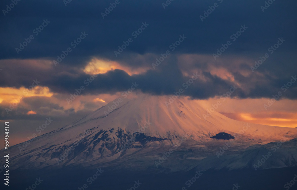 Beautiful snow covered Ararat mountain at the sunset.