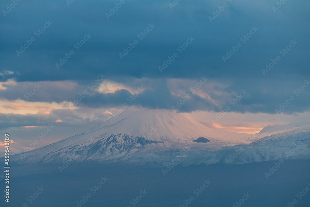 Beautiful snow covered Ararat mountain at the sunset.