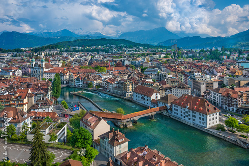 City of Luzern panoramic aerial view. Alps and lake Luzern on background. Switzerland.