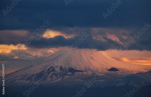 Beautiful snow covered Ararat mountain at the sunset.