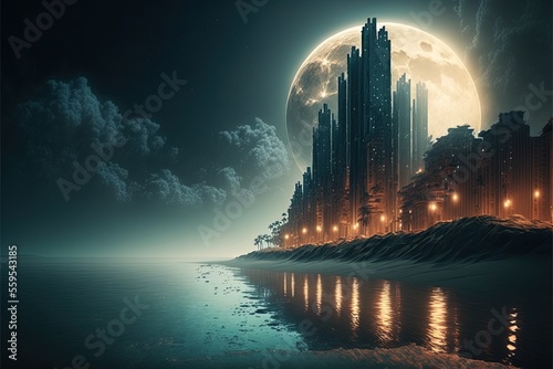 Modern skyscrapers on the ocean, neon light, big moon, night seascape, reflection in the water, waves. AI