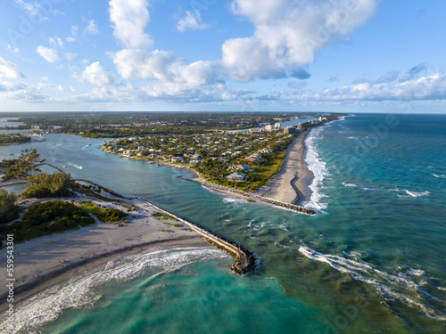 Aerial photo of Jupiter inlet on Florida's southeast coastline. USA.  January 2023 photo