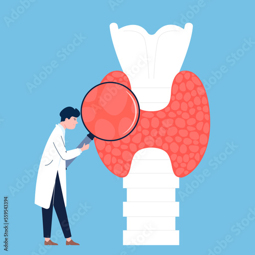 Endocrinology check up, doctor exam thyroid with magnifying glass. Health and pathology compare, disease and medical support recent vector concept