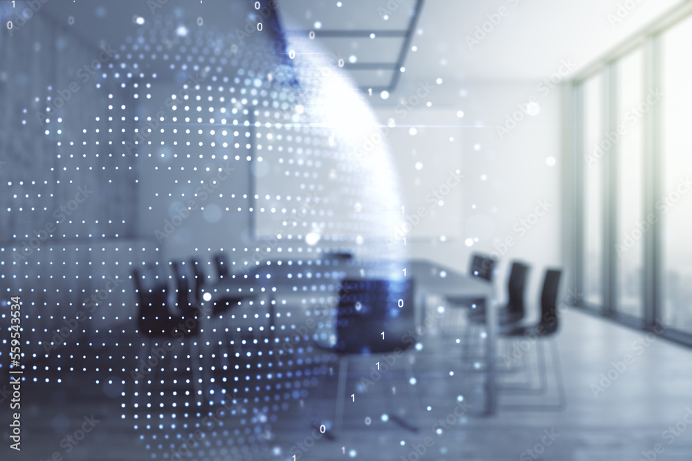 Abstract creative digital world map on a modern coworking room background, globalization concept. Multiexposure Abstract creative digital world map on a modern coworking room background, globalization concept. Multiexposure