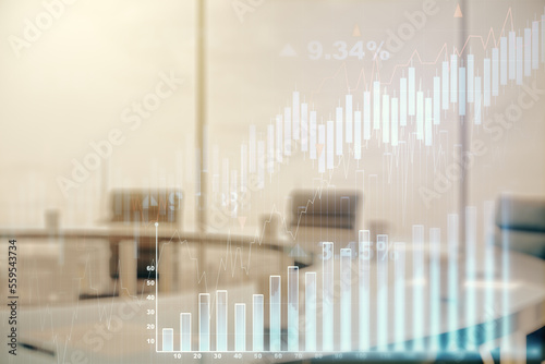 Multi exposure of virtual abstract financial graph interface on a modern coworking room background  financial and trading concept