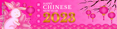 Happy Chinese new year 2023, year of the rabbit, Lunar new year concept with lantern or lamp, ornament, and pink gold background for sale, banner, posters, cover design templates, feed social media