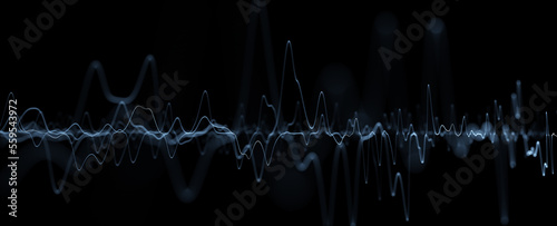 Abstract digital technology music equalizer detailed wavy lines oscillation on black background.