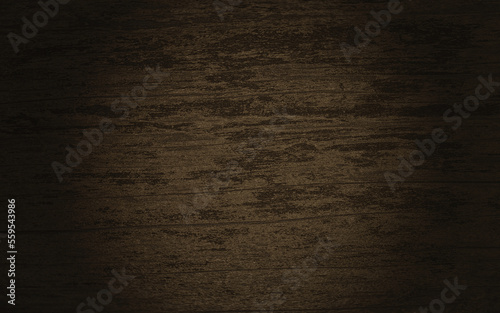 3D render of dark brown wooden plank texture with spot light on center, top view, copy space