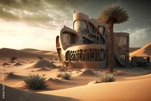 Desert architecture with traditional Arabic oriental motifs. Abstract buildings in the desert. City in the desert, sands. AI