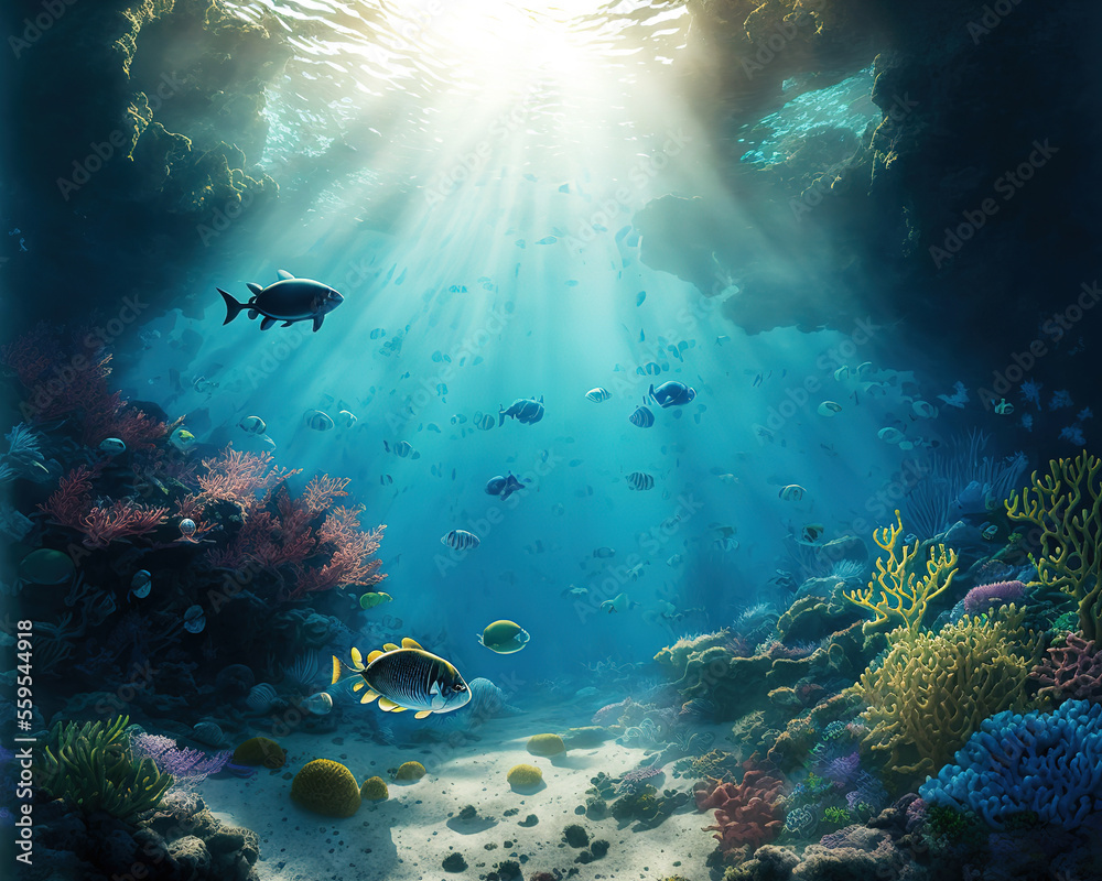 Fototapeta premium Underwater Scene - Tropical Seabed With Reef And Sunshine (ai generated)