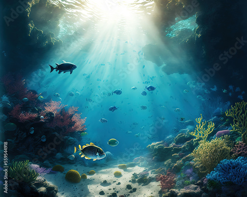 Underwater Scene - Tropical Seabed With Reef And Sunshine (ai generated) © ImagineDesign