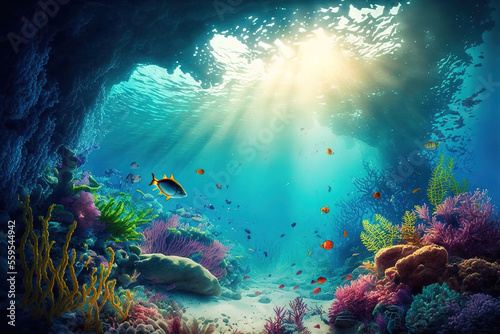 Underwater Scene - Tropical Seabed With Reef And Sunshine  ai generated 