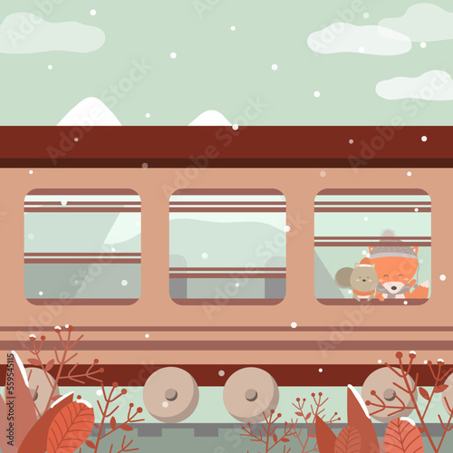 Vector of last winter with a dog and a fox sitting on the train