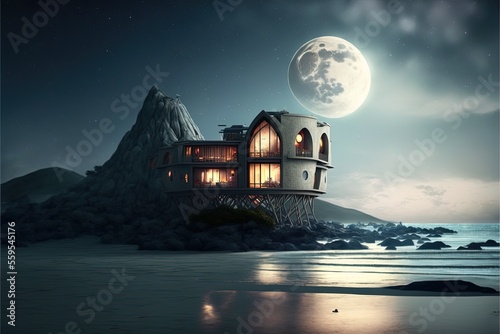 Night seascape with a house on the shore. Big moon, abstract architecture, neon illumination, fantasy landscape. AI