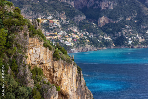 Touristic Town, Positano, on Rocky Cliffs and Mountain Landscape by the Tyrrhenian Sea. Amalfi Coast, Italy.