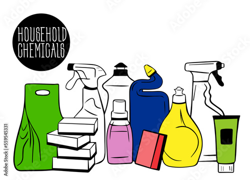 Sketch household chemicals big set. cleaning products - washing powder, spray, sponge, cleaning cloth and household chemicals. illustration of toilet cleaning products, at home. doodles