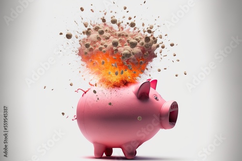 Exploding piggy bank on white background, created with Generative AI technology