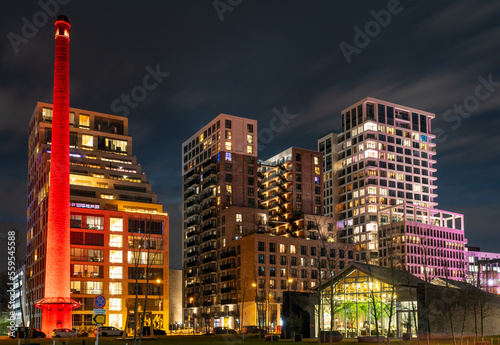Eindhoven Strijp S district at night, modern buildings at the former industrial terrain