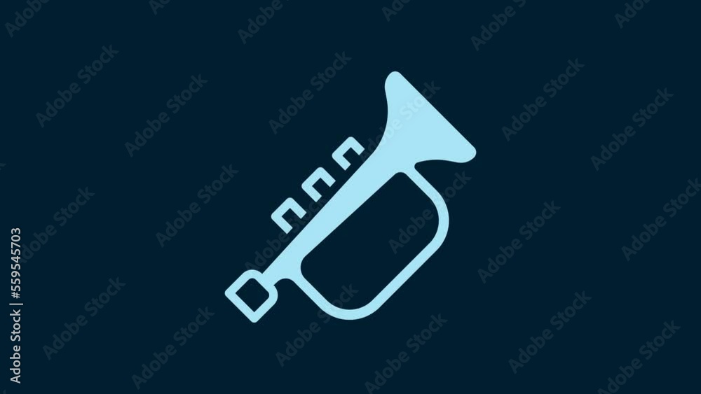 White Musical instrument trumpet icon isolated on blue background. 4K Video motion graphic animation White Musical instrument trumpet icon isolated on blue background. 4K Video motion graphic animation