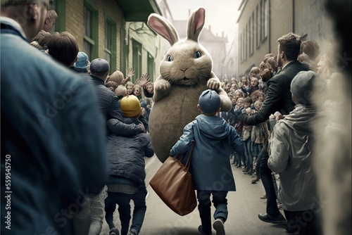 Rear view of easter bunny with a bag full of eggs running with children, created with Generative AI technology © tookitook